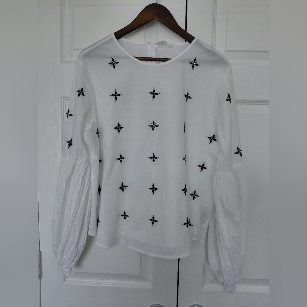 Gap Womens Embroidered White Balloon-Sleeve Women's Top Size XL